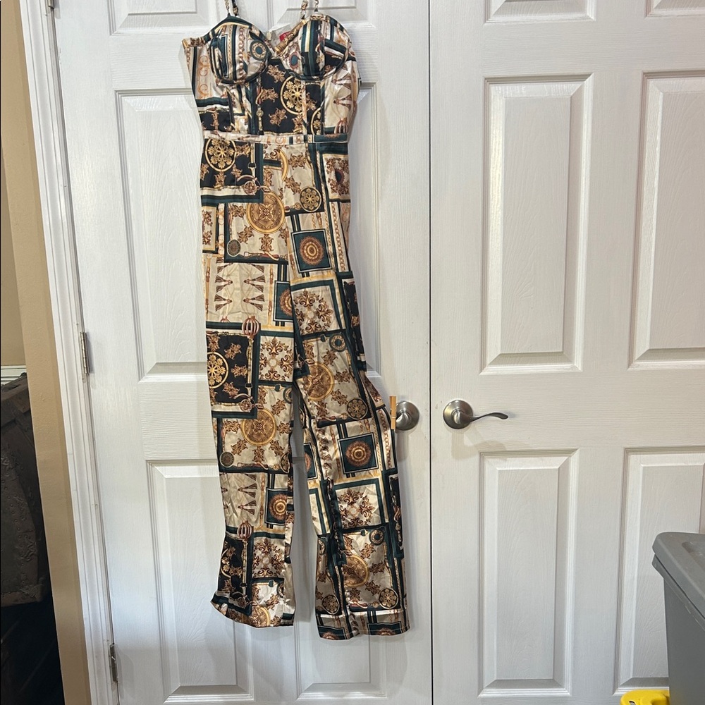 Guess Strapless Printed Jumpsuit in Black, Cream & Gold Accents